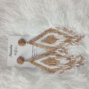 NWT Natasha Couture Gold/Brown White Beaded Fringe Boho Festival Earrings